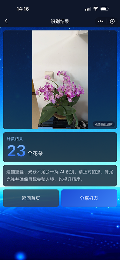 拍数宝识别结果界面 - 花朵计数23个